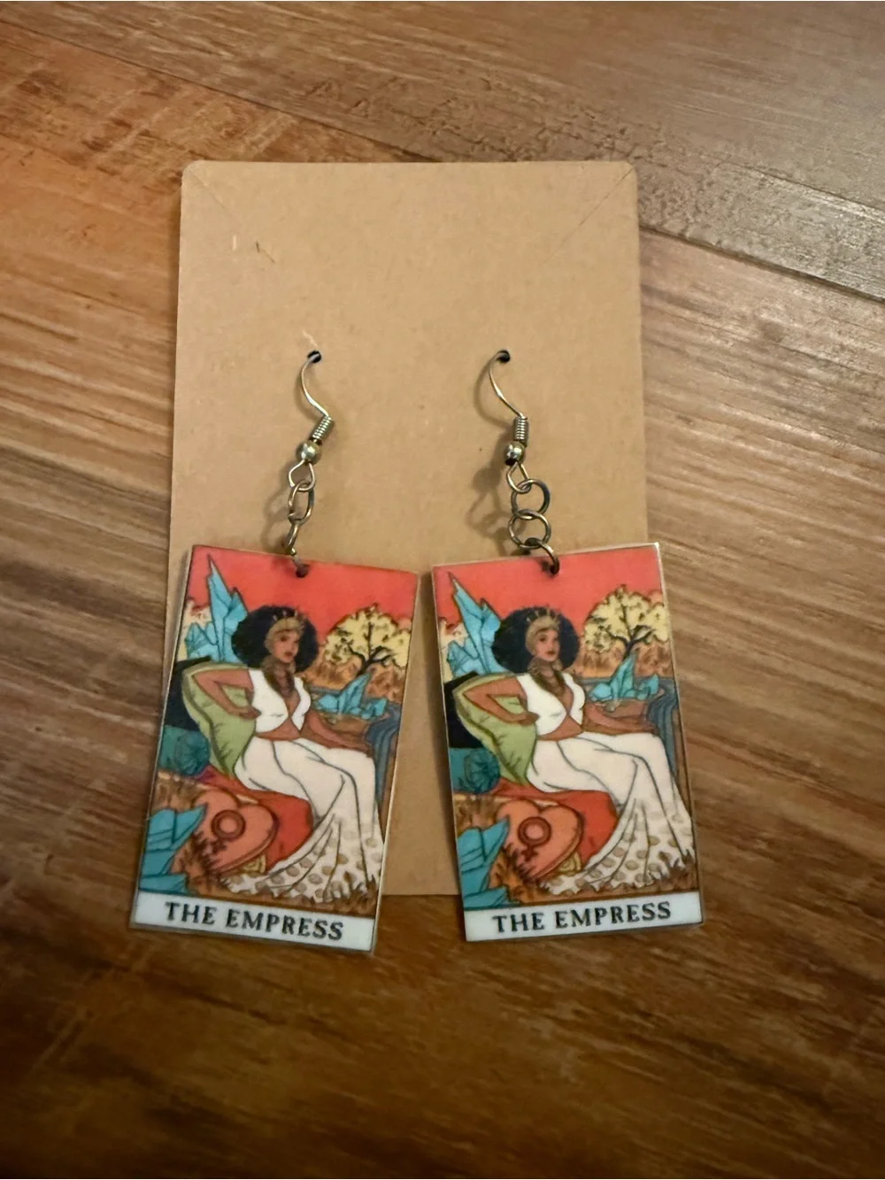 Tarot Empress Dangle Earrings — Red, Green & Blue